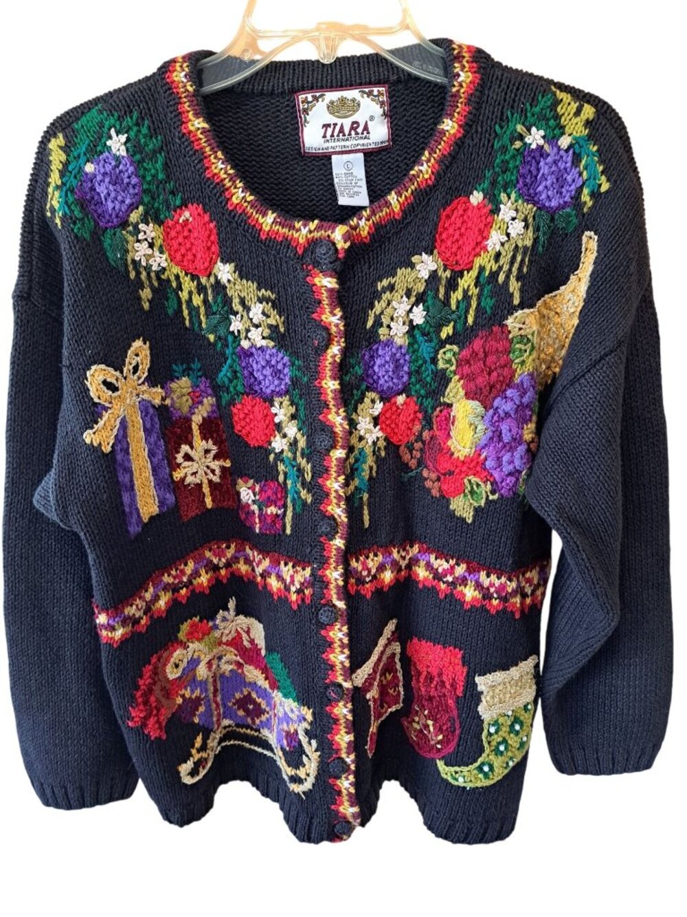 Vintage Tiara International Christmas Cardigan Sweater Christmas Embroidery L